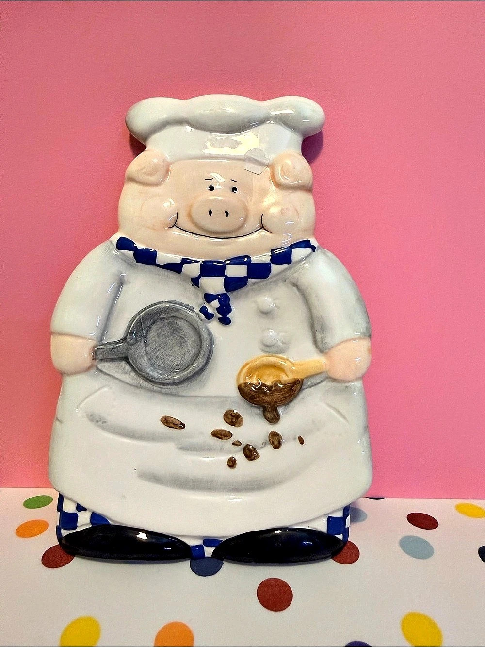 Vintage Boston Warehouse Chef Pig figurine Kitchen Decor White & Blue